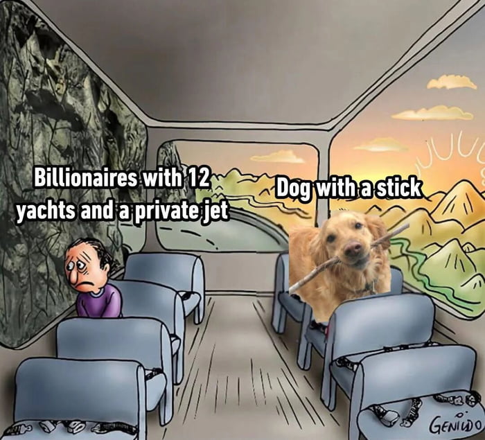 Billionaires with 12 yachts and a private jet. Dog with a stick.
