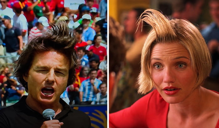 A split image showing Tom Cruise with messy, spiky hair while holding a microphone, compared to Cameron Diaz from 'There's Something About Mary' with her iconic hair gel hairstyle, looking surprised.