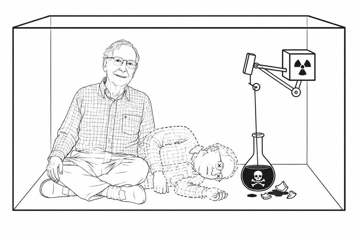 An illustration depicting a man resembling Warren Buffett sitting inside a transparent box, smiling. Next to him, a dashed outline of another man lies on the floor, seemingly dead with 'X's on his eyes. A flask with a skull and crossbones symbol (poison) is nearby, with some liquid spilled. Above the flask, a robotic arm with a radiation symbol is 