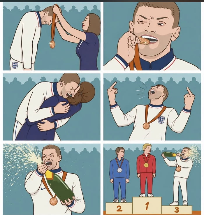 A sportsman from England receives a bronze medal, looking sad initially. He then bites the medal, hugs a woman, and proceeds to celebrate wildly on the podium, showing middle fingers to the crowd and spraying champagne, despite being in third place. The other two medalists on the podium (first and second place) remain calm.