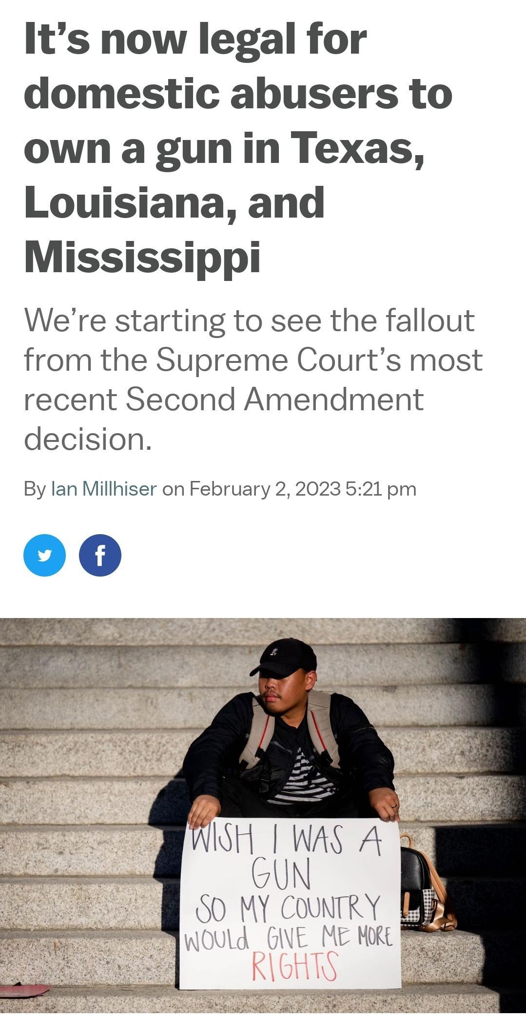 Its now legal for domestic abusers to own a gun in Texas Louisiana and Mississippi Were starting to see the fallout from the Supreme Courts most recent Second Amendment decision By lan Millhiser on February 2 2023 521 pm TISH WAS A UN NVl TR MRE