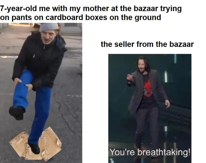 7 year old me with my mother at the bazaar trying on pants on cardboard boxes on the ground the seller from the bazaar IR CEIGI ELgle