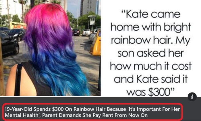 Kate came home with bright rainbow hair My son asked her how much it cost and Kate said it 19 Year Old Spends 300 On Rainbow Hair Because Its Important For Her Mental Health Parent Demands She Pay Rent From Now On