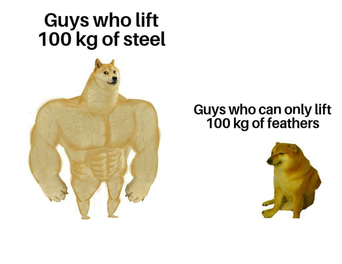 Guys who lift 100 kg of steel Guys who can only lift 100 kg of feathers