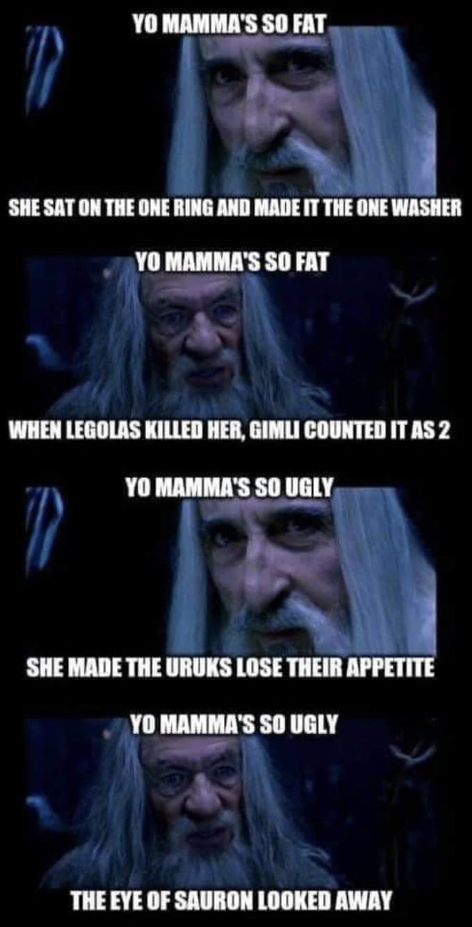 YO MAMMAS SO FAT SHE SAT ON THE ONE RING AND MADE IT l ONE WASHER YO MAMMAS SO FAT WHEN LEGOLAS KILLED HER GIMLI COUNTED ITAS 2 YO MAMMAS SO UGLY T SHE MADE THE URUKS LOSE THEIR APPETITE YO MAMMAS S0 UGLY THE EYE OF SAURON LOOKED AWAY