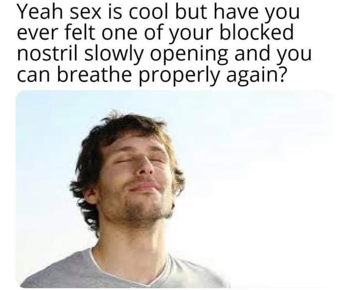 Yeah sex is cool but have you ever felt one of your blocked nostril slowly opening and you can breathe properly again