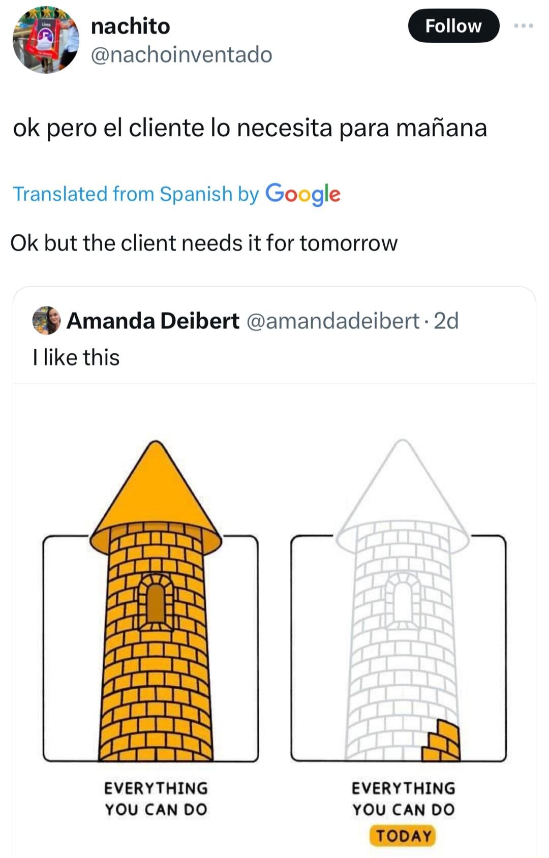 nachito nachoinventado ok pero el cliente lo necesita para mafiana Translated from Spanish by Google Ok but the client needs it for tomorrow Amanda Deibert amandadeibert 2d I like this i EVERYTHING EVERYTHING YOU CAN DO YOU CAN DO