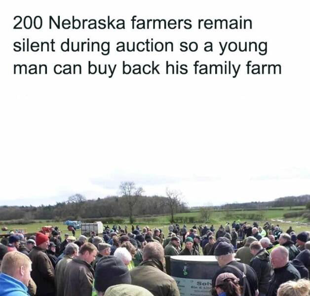 200 Nebraska farmers remain silent during auction so a young man can buy back his family farm