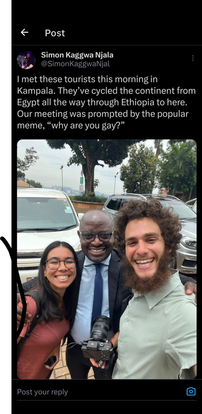 Post t Simon Kaggwa Njala dis SimonKaggwaNjal IR QESER IS CRGIEI NG Kampala Theyve cycled the continent from Egypt all the way through Ethiopia to here Our meeting was prompted by the popular meme why are you gay