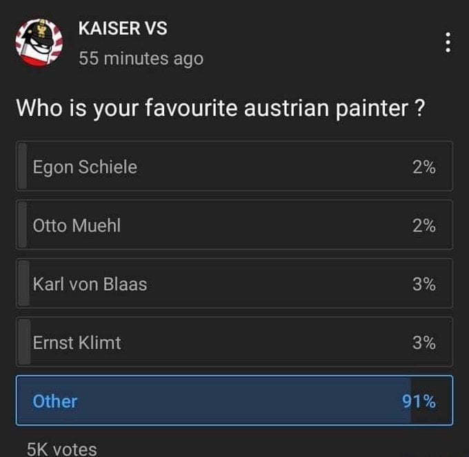KAISER VS 55 minutes ago Who is your favourite austrian painter Egon Schiele 2 Otto Muehl 2 LELRT N EES 3 Emst Klimt 3 Other 91 5K votes