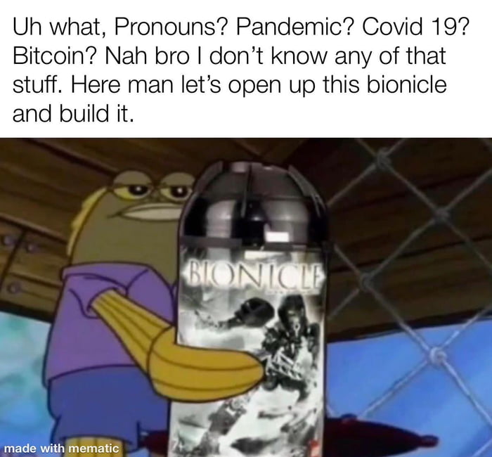 Uh what Pronouns Pandemic Covid 19 Bitcoin Nah bro dont know any of that stuff Here man lets open up this bionicle and build it