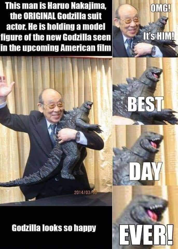 This man is Haruo Nakajima the ORIGINAL Godzilla suit PN actor He is holding a model e figure of the new Godzilla seen SHIM in the upcoming American film