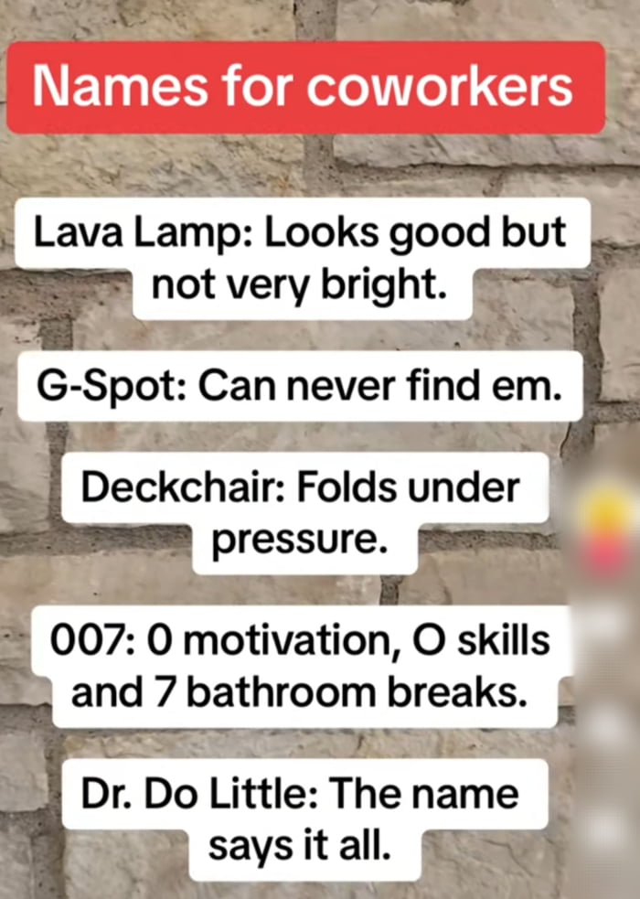 P13 S0 o odo o 16 Lava Lamp Looks good but not very bright G Spot Can never find em Deckchair Folds under pressure 007 0 motivation O skills and 7 bathroom breaks Dr Do Little The name saysit all