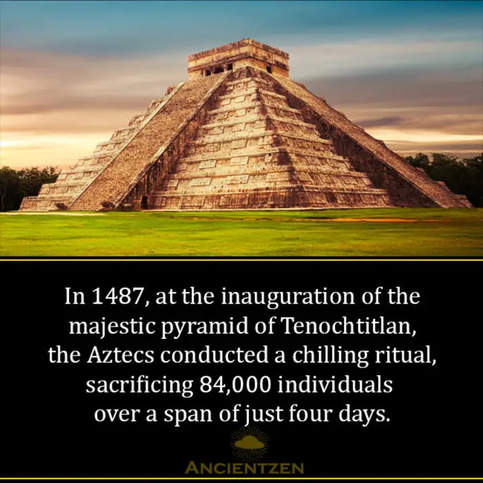 In 1487 at the inauguration of the majestic pyramid of Tenochtitlan the Aztecs conducted a chilling ritual sacrificing 84000 individuals over a span of just four days