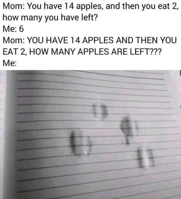 Mom You have 14 apples and then you eat 2 how many you have left Me 6 Mom YOU HAVE 14 APPLES AND THEN YOU EAT 2 HOW MANY APPLES ARE LEFT Me