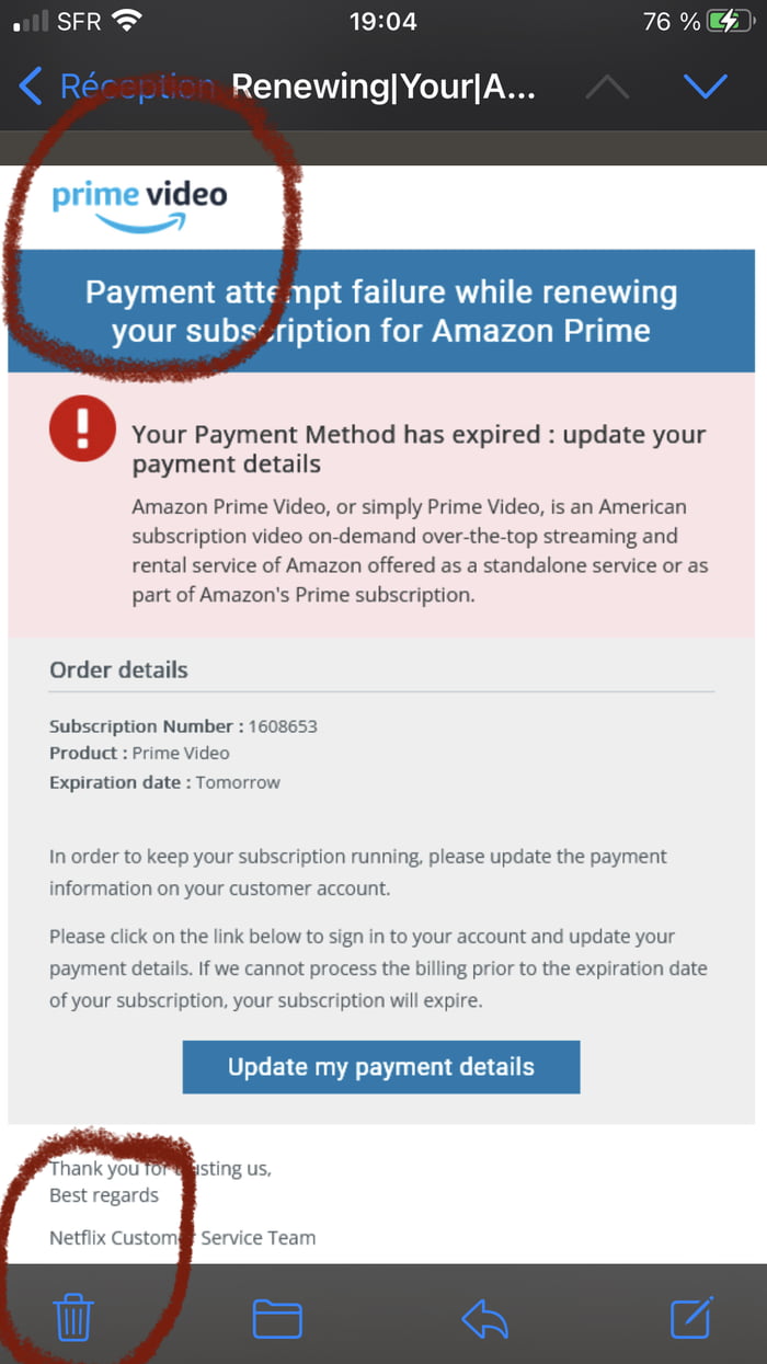 Wil SFR T 19 R RenewingYourA o Your Payment Method has expired update your payment details Amazon Prime Video or simply Prime Video is an American subscription video on demand over the top streaming and rental service of Amazon offered as a standalone service or as part of Amazons Prime subscription Order details Subscription Number ProductPrime Vi Expiration date o gnin to your account and uj