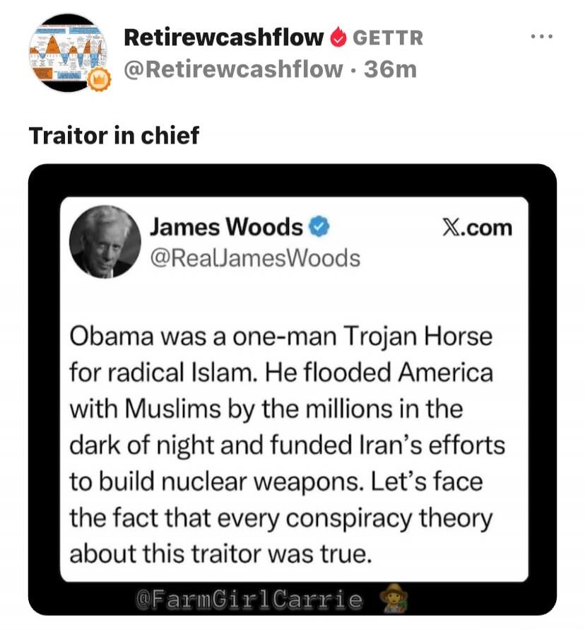 Retirewcashflow GETTR 36m Traitor in chief James Woods @RealJamesWoods X.com Obama was a one-man Trojan Horse for radical Islam. He flooded America with Muslims by the millions in the dark of night and funded Iran's efforts to build nuclear weapons. Let's face the fact that every conspiracy theory about this traitor was true. @FarmGirlCarrie