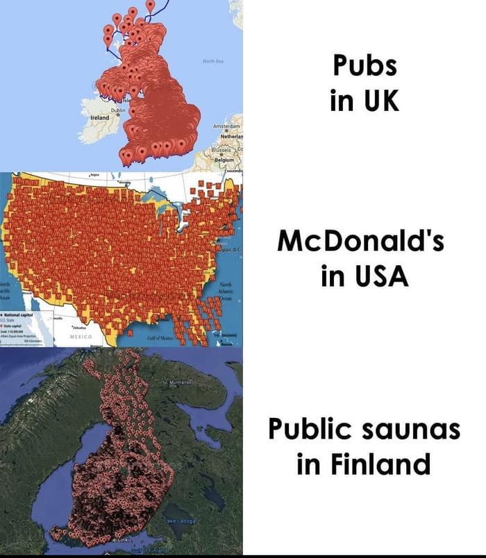McDonalds in USA Public saunas in Finland