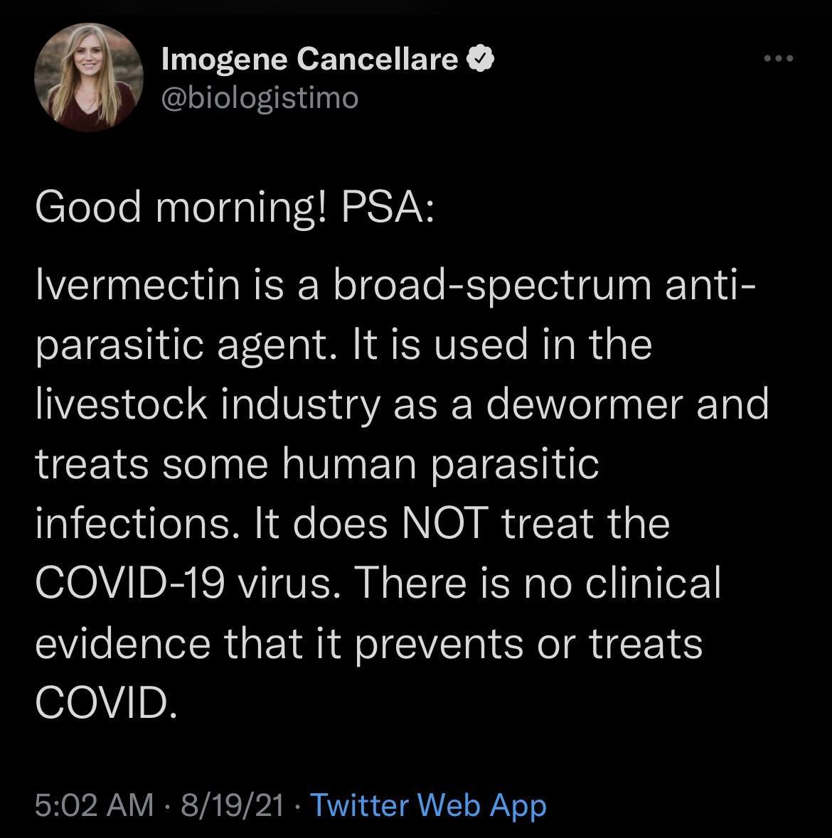 f Imogene Cancellare ooloY1Sxd4o Clololo Naplolgallat INAST2N lvermectin is a broad spectrum anti parasitic agent It is used in the IWVES ool QIale V VA TRo oTga e STFTale treats some human parasitic infections It does NOT treat the OOVAIDE IS AVITEVISHN B o STEH SN g e Xl 1aoX evidence that it prevents or treats COVID 502 AM 81921 Twitter Web App