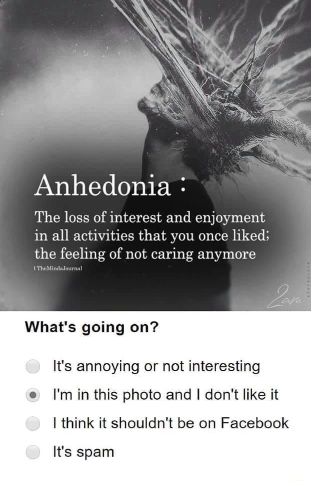 Anhedonia 3 The loss of interest and enjoyment in all activities that you once liked the feeling of not caring anymore Whats going on Its annoying or not interesting Im in this photo and dont like it think it shouldnt be on Facebook Its spam