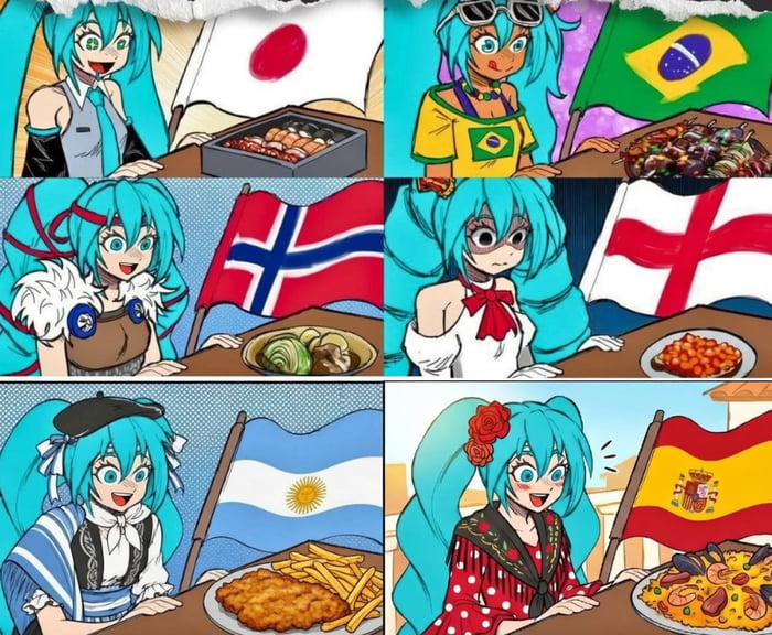 A comic strip featuring a character resembling Hatsune Miku dressed in traditional attire from different countries, reacting to their national dishes. She is happy with Japanese sushi, Brazilian churrasco, Norwegian stew, Argentinian milanesa, and Spanish paella. However, she shows a disgusted reaction to English baked beans.