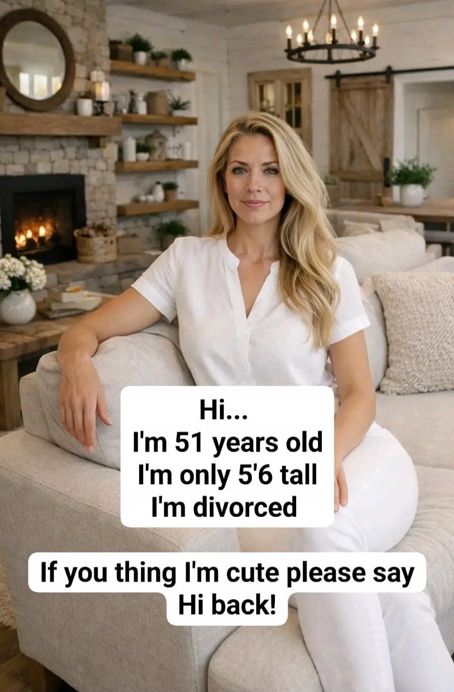 Hi... I'm 51 years old I'm only 5'6 tall I'm divorced If you thing I'm cute please say Hi back!