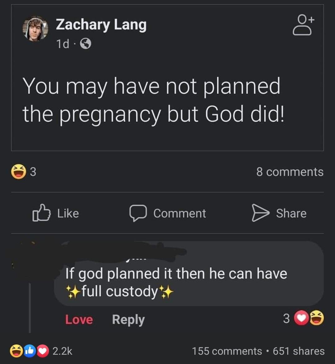 Zachary Lang A r 1d Q MV ENA lol o ETala ISl the pregnancy but God did K 8 comments o Like comment B share If god plaad it then he can have 4full custody s Love Reply 309 22k 155 comments 651 shares