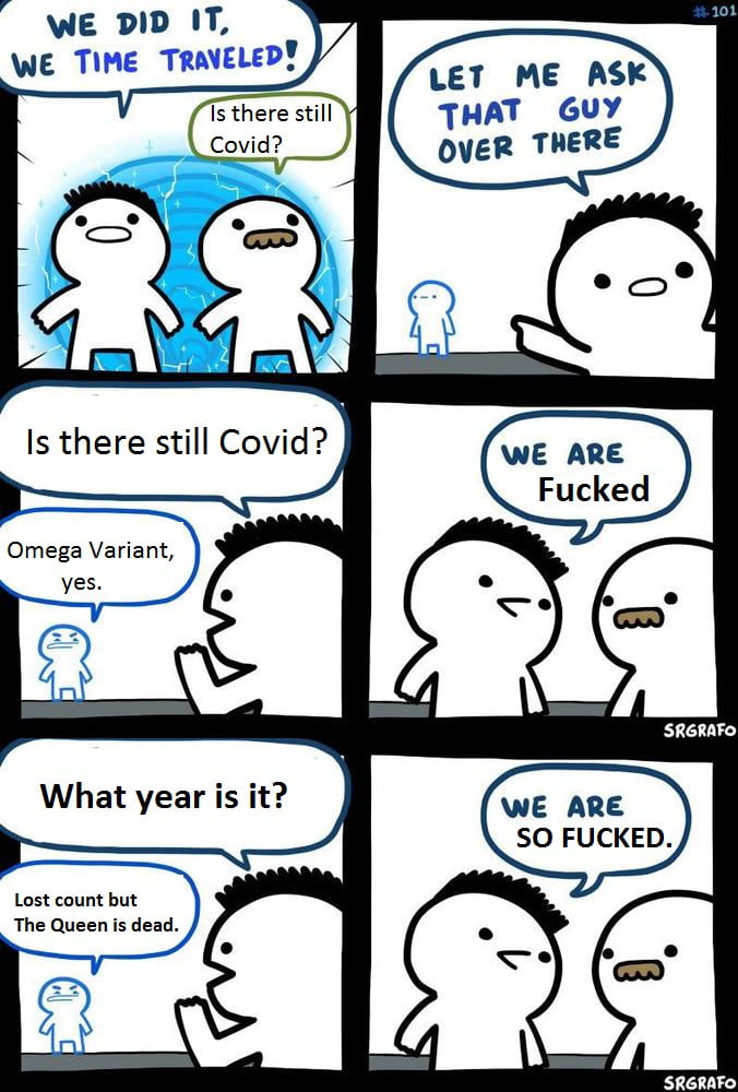 WE DID IT i i T Is there still Covid Omega Variant SRGRAFO What year is it WE ARE SO FUCKED Lost count but The Queen is dead