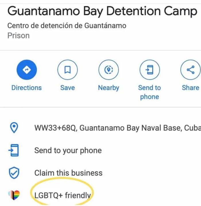 Guantanamo Bay Detention Camp Centro de detencin de Guantanamo Prison Directions Send to Share phone WW3368Q Guantanamo Bay Naval Base Cubz 0 Send to your phone Claim this business W LGBTQ friendl