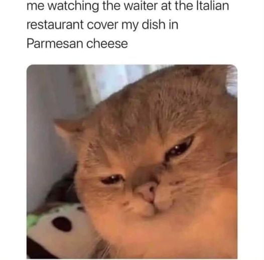 me watching the waiter at the Italian restaurant cover my dish in Parmesan cheese