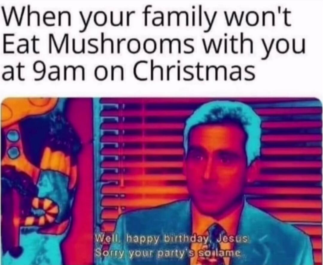 When your family won't Eat Mushrooms with you at 9am on Christmas
Well, happy birthday Jesus
Sorry your party's so lame