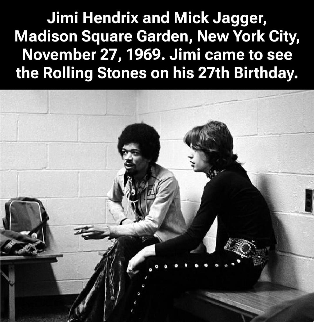 Jimi Hendrix and Mick Jagger, Madison Square Garden, New York City, November 27, 1969. Jimi came to see the Rolling Stones on his 27th Birthday.