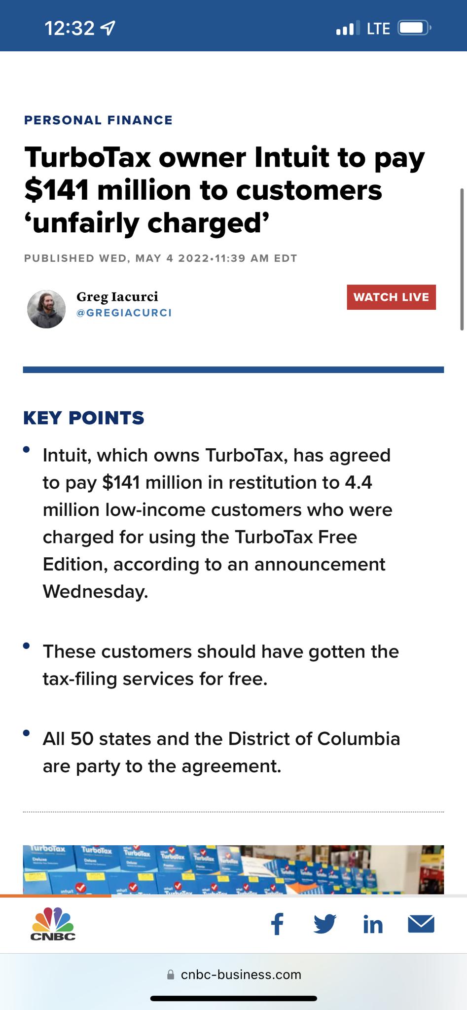 Ay l LTE PERSONAL FINANCE TurboTax owner Intuit to pay 141 million to customers unfairly charged PUBLISHED WED MAY 4 2022 1139 AM EDT o GREGIACURCI KEY POINTS Intuit which owns TurboTax has agreed to pay 141 million in restitution to 44 million low income customers who were charged for using the TurboTax Free Edition according to an announcement Wednesday These customers should have gotten the tax
