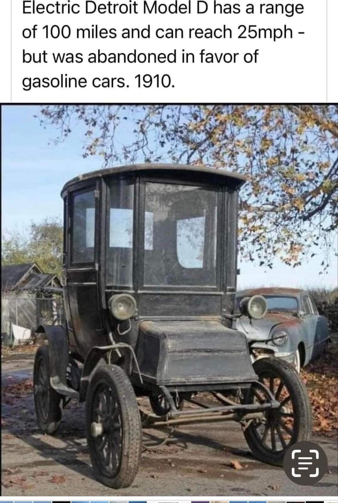 Electric Detroit Model D has a range of 100 miles and can reach 25mph but was abandoned in favor of gasoline cars 1910