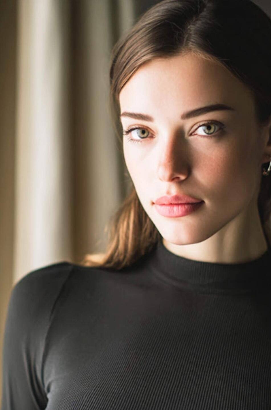 Portrait of a young woman wearing a black top, looking at the camera.