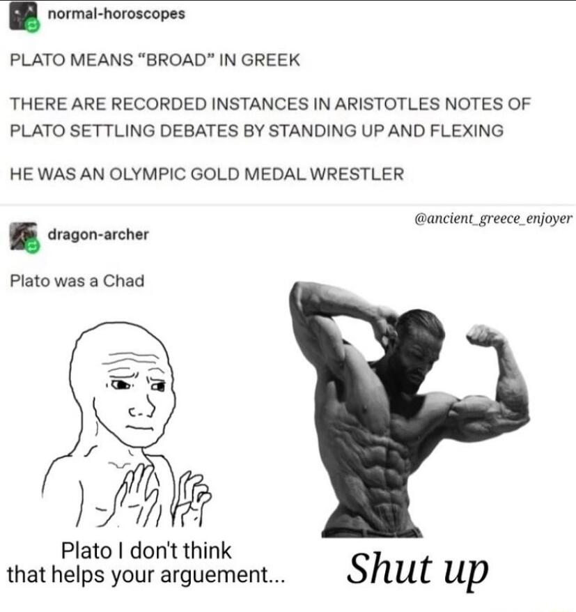I Pormethoroscopes PLATO MEANS BROAD IN GREEK THERE ARE RECORDED INSTANCES IN ARISTOTLES NOTES OF PLATO SETTLING DEBATES BY STANDING UP AND FLEXING HE WAS AN OLYMPIC GOLD MEDAL WRESTLER IR roson acher Plato was a Chad ancient greece enjoyer Plato dont think that helps your arguement Shut up
