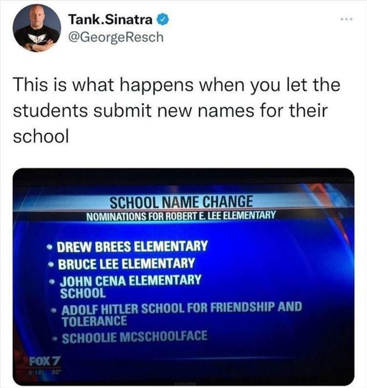 TankSinatra GeorgeResch This is what happens when you let the students submit new names for their school SCHOOL NAME CHANG ADOLF HITLER SCHOO RIENDSHIP AND TOLERANCE SCHOOLIE MCSCHOOLFACE