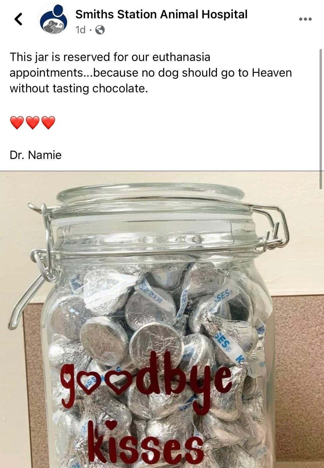 Smiths Station Animal Hospital 1d 0 This jar is reserved for our euthanasia appointmentsbecause no dog should go to Heaven without tasting chocolate YoV Dr Namie