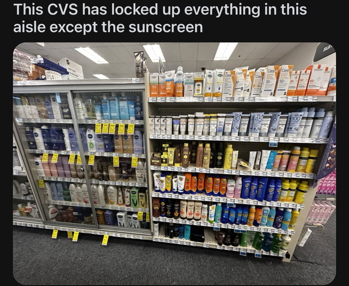 This CVS has locked up everything in this aisle except the sunscreen