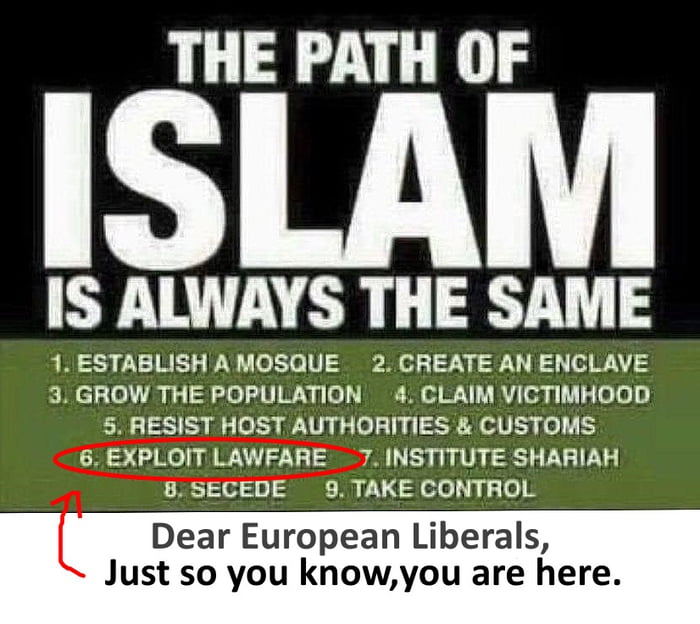 THE PATH OF ISLAM IS ALWAYS THE SAME 1 ESTABLISH AMOSQUE 2 CREATE AN ENCLAVE 3 GROW THE POPULATION 4 CLAIM VICTIMHOOD 5 RESIST HOST AUTHORITIES CUSTOMS 6 EXPLOIT LAWFARE 7 INSTITUTE SHARIAH BSECEDE 9 TAKE CONTROL Dear European Liberals Just so you knowyou are here