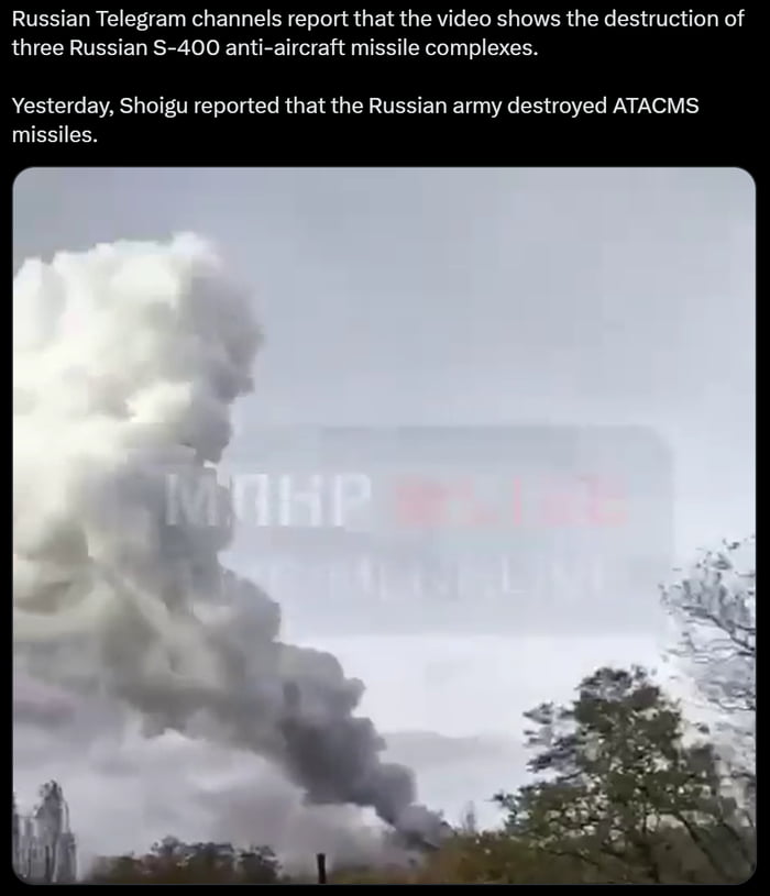Russian Telegram channels report that the video shows the destruction of three Russian S 400 anti aircraft missile complexes Yesterday Shoigu reported that the Russian army destroyed ATACMS missiles