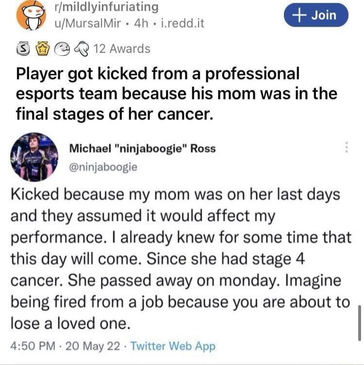 rmildlyinfuriating Nursavir ah ireci K 12 Awards Player got kicked from a professional esports team because his mom was in the final stages of her cancer Michael ninjaboogie Ross ninjaboogie Kicked because my mom was on her last days and they assumed it would affect my performance already knew for some time that this day will come Since she had stage 4 cancer She passed away on monday Imagine bein