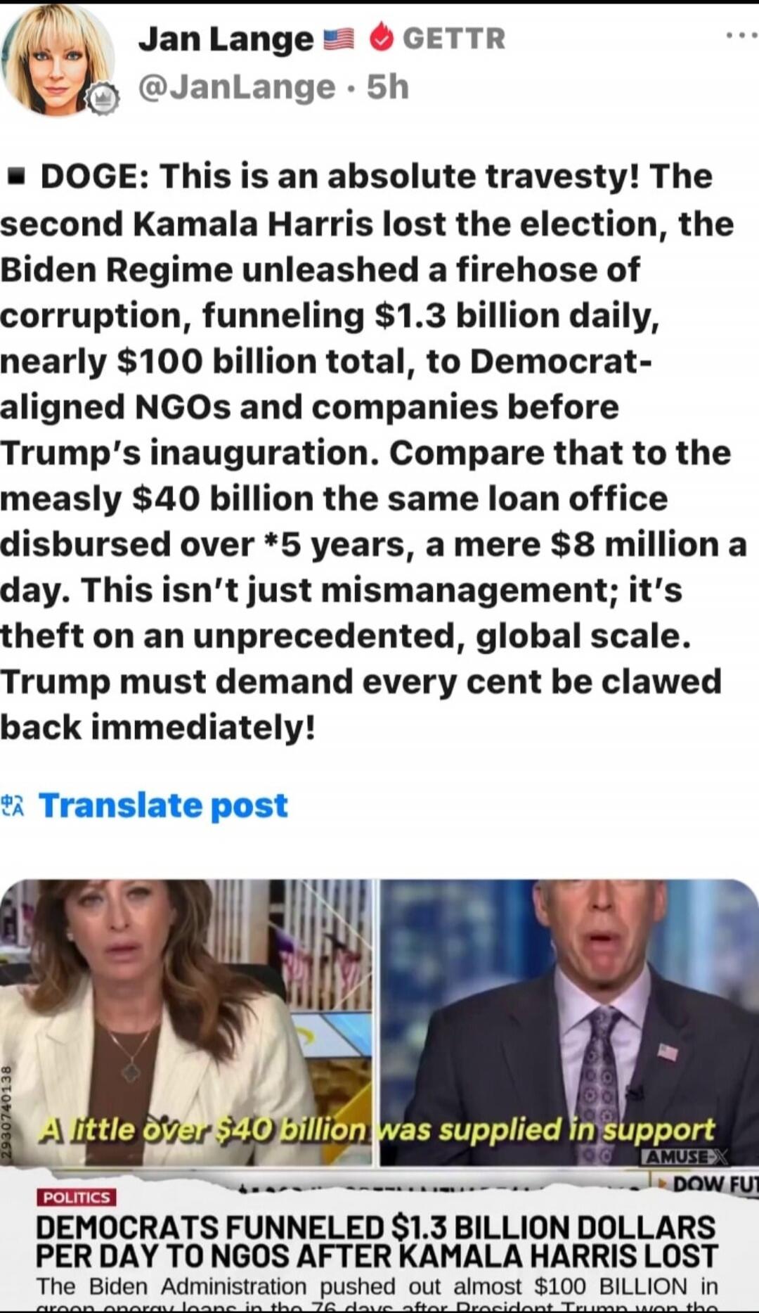 DOGE: This is an absolute travesty! The second Kamala Harris lost the election, the Biden Regime unleashed a firehose of corruption, funneling $1.3 billion daily, nearly $100 billion total, to Democrat-aligned NGOs and companies before Trump’s inauguration. Compare that to the measly $40 billion the same loan office disbursed over *5 years, a mere 