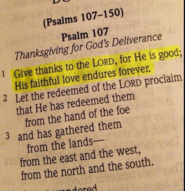 Psalms 107-150 Psalm 107 Thanksgiving for God's Deliverance 1 Give thanks to the LORD, for He is good; His faithful love endures forever. 2 Let the redeemed of the LORD proclaim that He has redeemed them from the hand of the foe 3 and has gathered them from the lands— from the east and the west, from the north and the south.