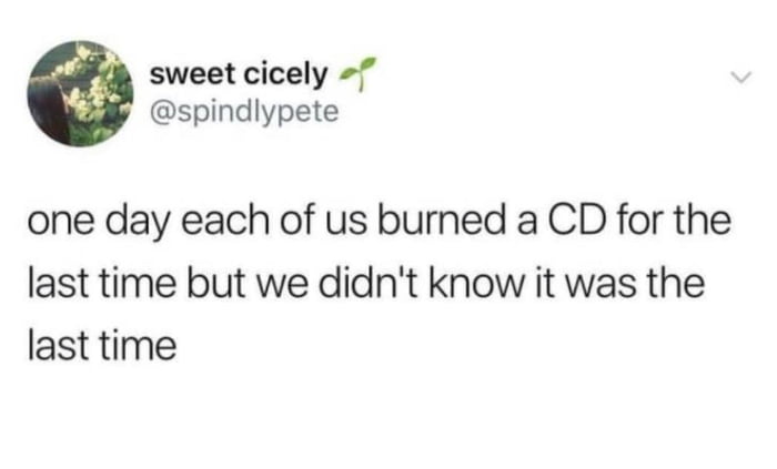 sweet cicely spindlypete one day each of us burned a CD for the last time but we didnt know it was the last time