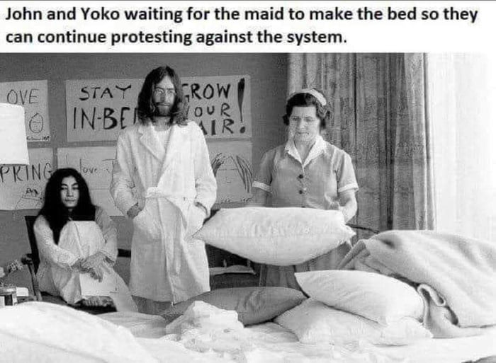 John and Yoko waiting for the maid to make the bed so they can continue protesting against the system
