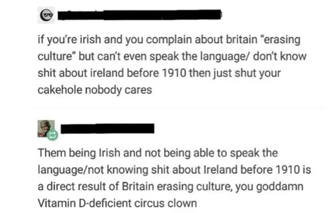 L if youre irish and you complain about britain erasing culture but cant even speak the language dont know shit about ireland before 1910 then just shut your cakehole nobody cares 2 Them being Irish and not being able to speak the languagenot knowing shit about Ireland before 1910 is a direct result of Britain erasing culture you goddamn Vitamin D deficient circus clown