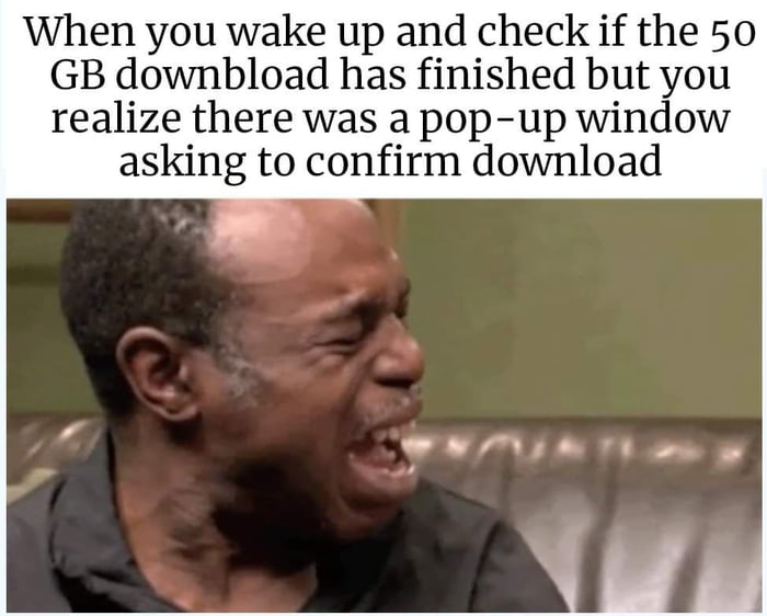 When you wake up and check if the 50 GB downbload has finished but you realize there was a pop up window asking to confirm download