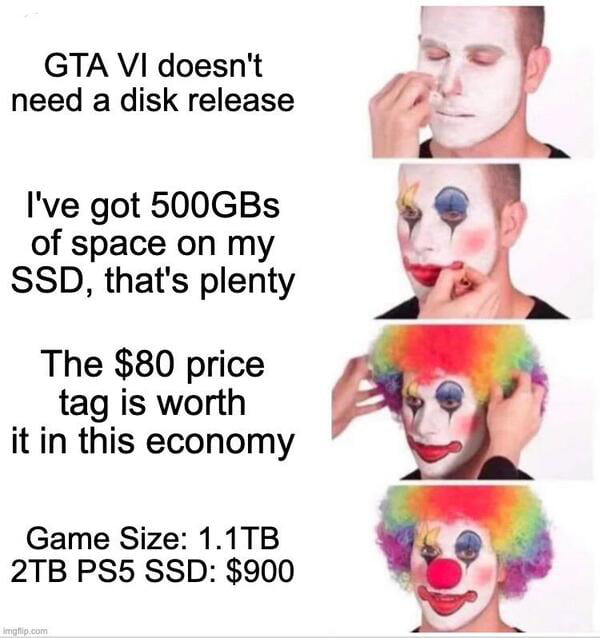 GTA VI doesn't need a disk release. I've got 500GBs of space on my SSD, that's plenty. The $80 price tag is worth it in this economy. Game Size: 1.1TB. 2TB PS5 SSD: $900.