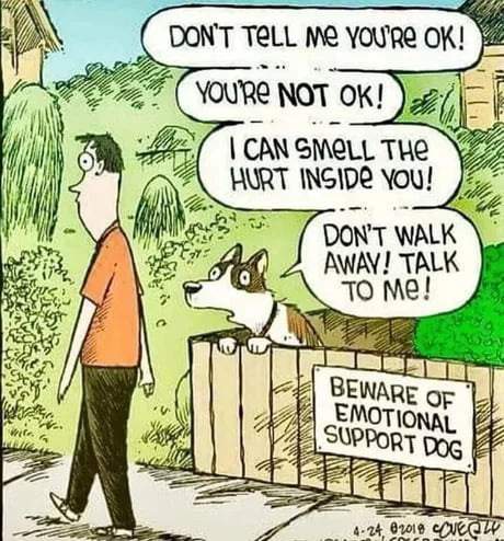 DON'T TELL ME YOU'RE OK! YOU'RE NOT OK! I CAN SMELL THE HURT INSIDE YOU! DON'T WALK AWAY! TALK TO ME! BEWARE OF EMOTIONAL SUPPORT DOG
